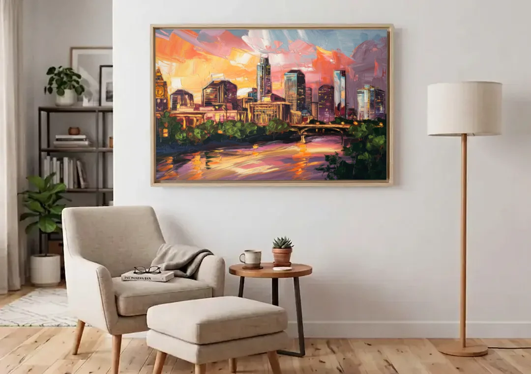 Austin Urban Charm canvas wall art above an armchair in a bright living room