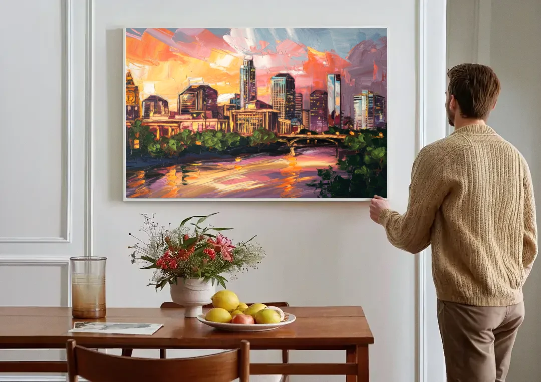 Austin Urban Charm canvas wall art above a dining table