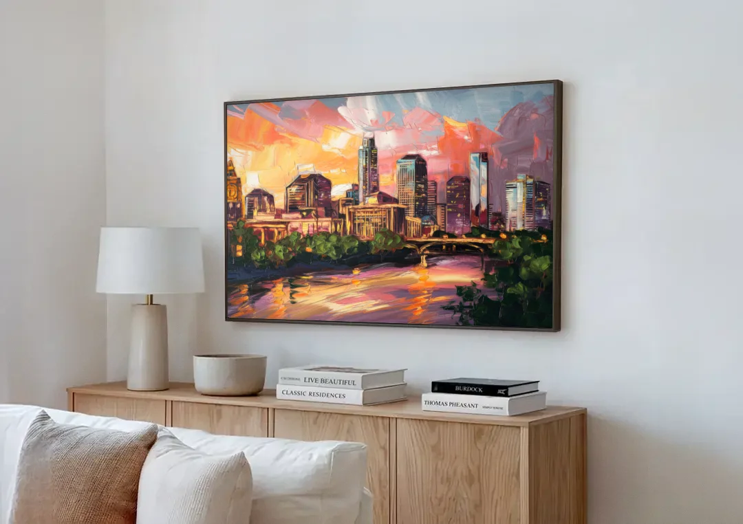 Austin Urban Charm canvas wall art above a wooden sideboard next to a sofa