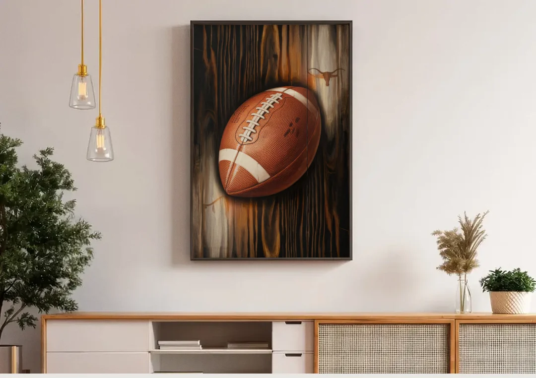 Austin UT Football Energy canvas wall art above a wooden sideboard under pendant lights