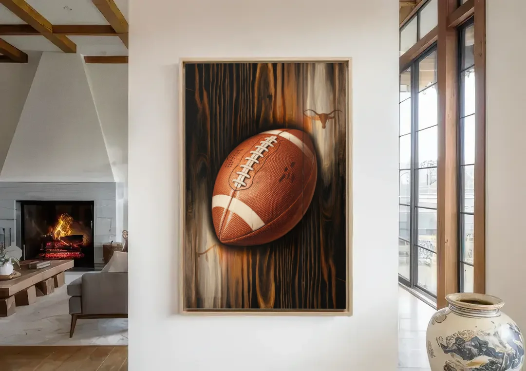 Austin UT Football Energy canvas wall art in a living room with a fireplace