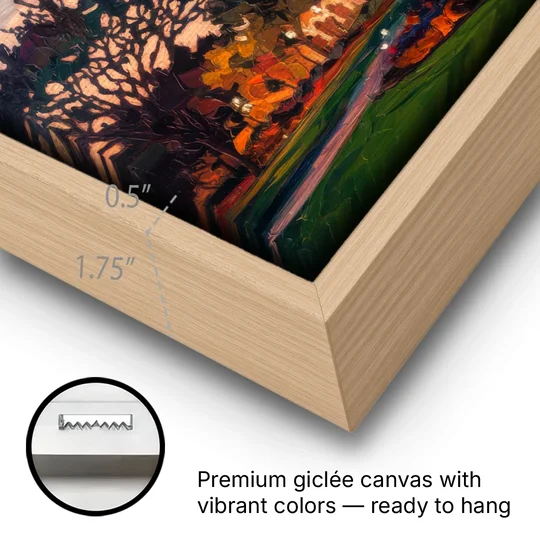 Austin Ut Tower Glow - Oak Framed Canvas Wall Art - Gallery Wrap Corner