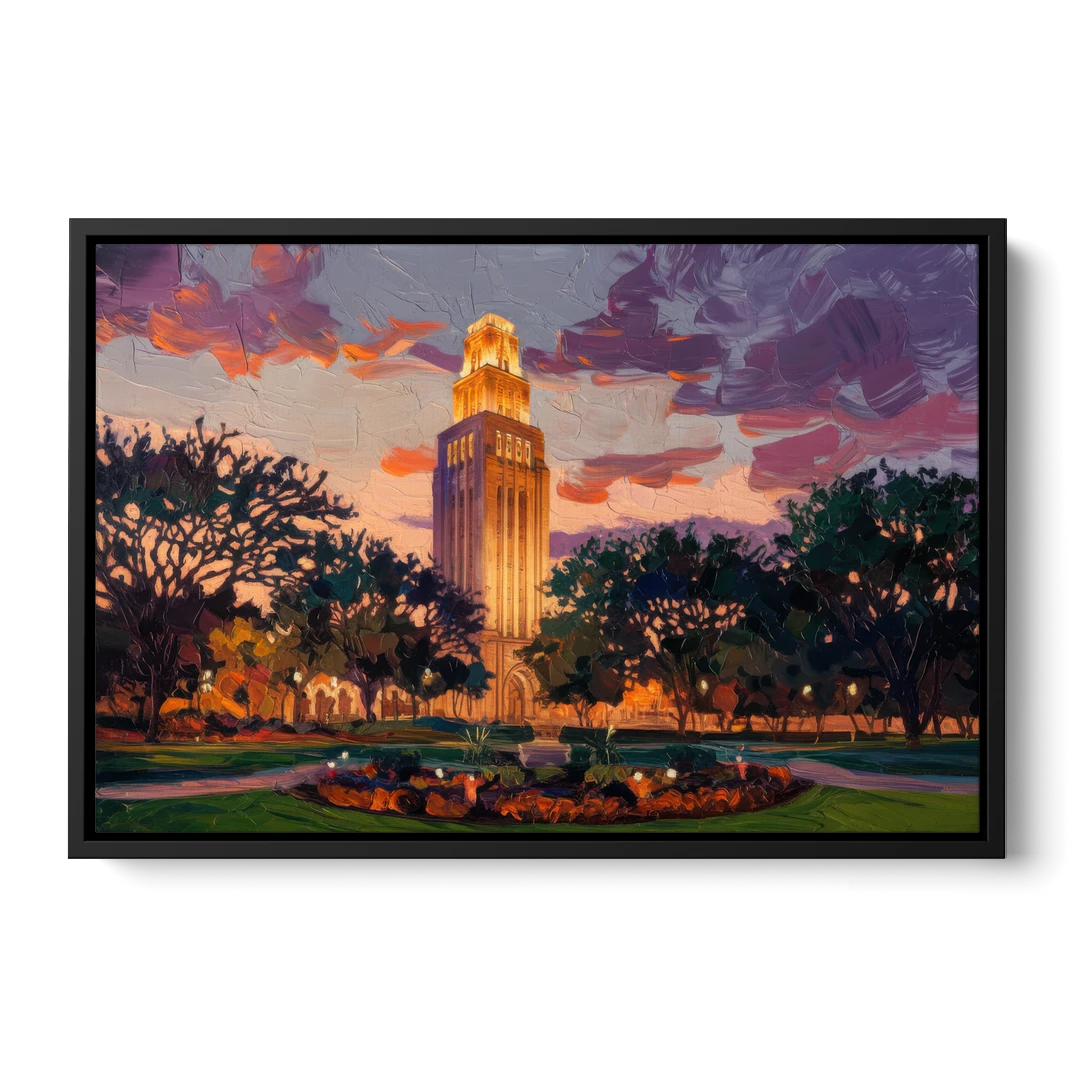 Austin Ut Tower Glow - Black Framed Canvas Wall Art - Front