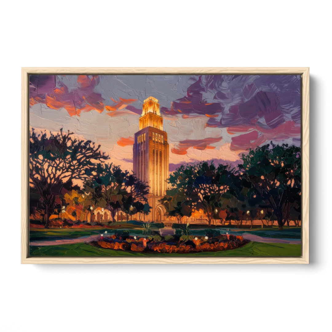 Austin Ut Tower Glow - Oak Framed Canvas Wall Art - Front