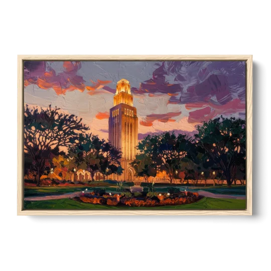 Austin Ut Tower Glow - Oak Framed Canvas Wall Art - Front