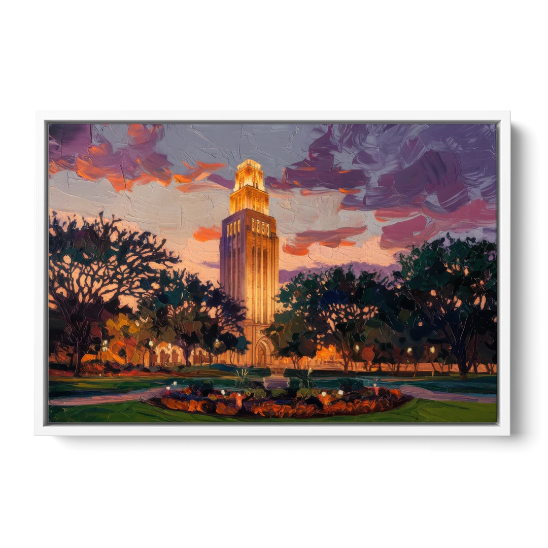 Austin Ut Tower Glow - White Framed Canvas Wall Art - Front