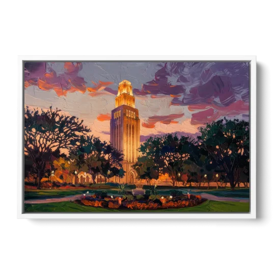 Austin Ut Tower Glow - White Framed Canvas Wall Art - Front