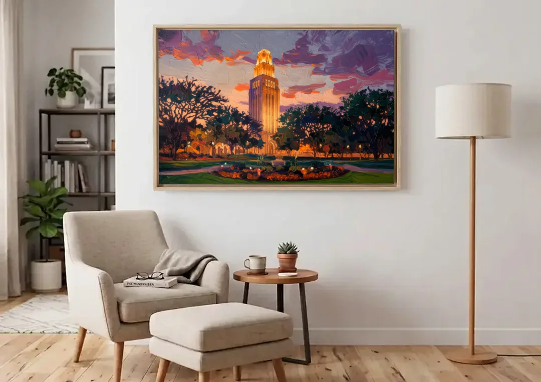 Austin Ut Tower Glow canvas wall art above an armchair in a bright living room