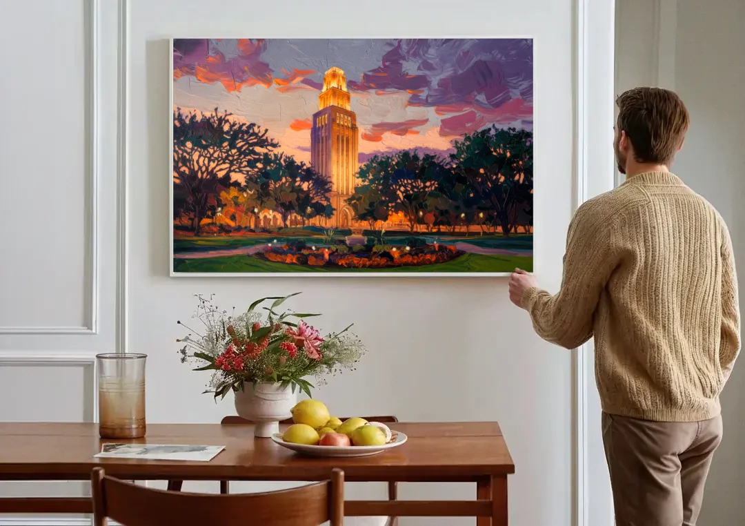 Austin Ut Tower Glow canvas wall art above a dining table