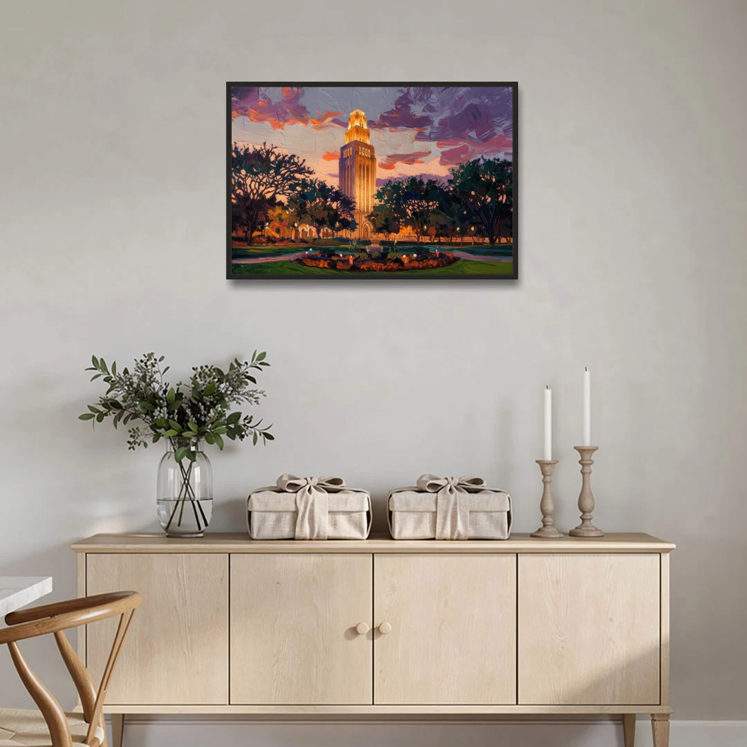 Austin Ut Tower Glow - Black Framed Canvas Wall Art - Coffee Table - 36x24