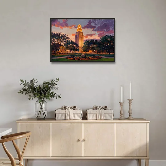 Austin Ut Tower Glow - Black Framed Canvas Wall Art - Coffee Table - 36x24