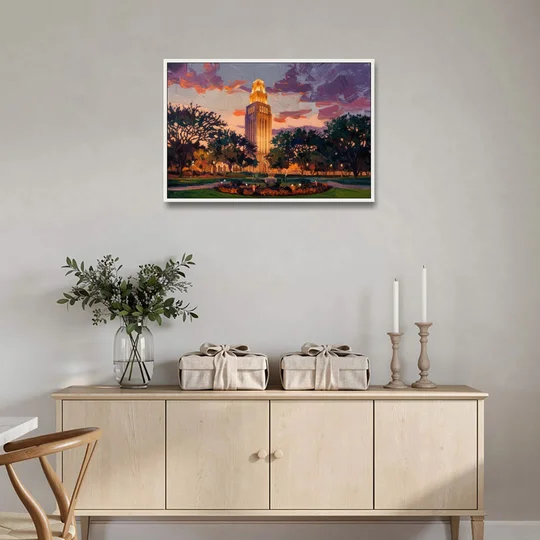 Austin Ut Tower Glow - White Framed Canvas Wall Art - Coffee Table - 36x24