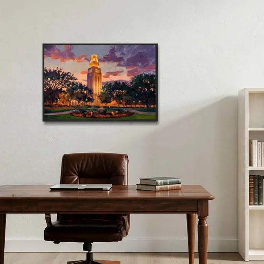 Austin Ut Tower Glow - Black Framed Canvas Wall Art - Office - 36x24
