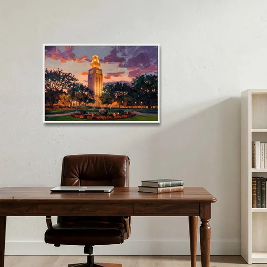 Austin Ut Tower Glow - White Framed Canvas Wall Art - Office - 36x24