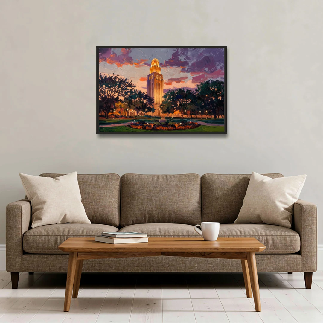 Austin Ut Tower Glow - Black Framed Canvas Wall Art - Sofa - 36x24