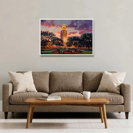 Austin Ut Tower Glow - White Framed Canvas Wall Art - Sofa - 36x24