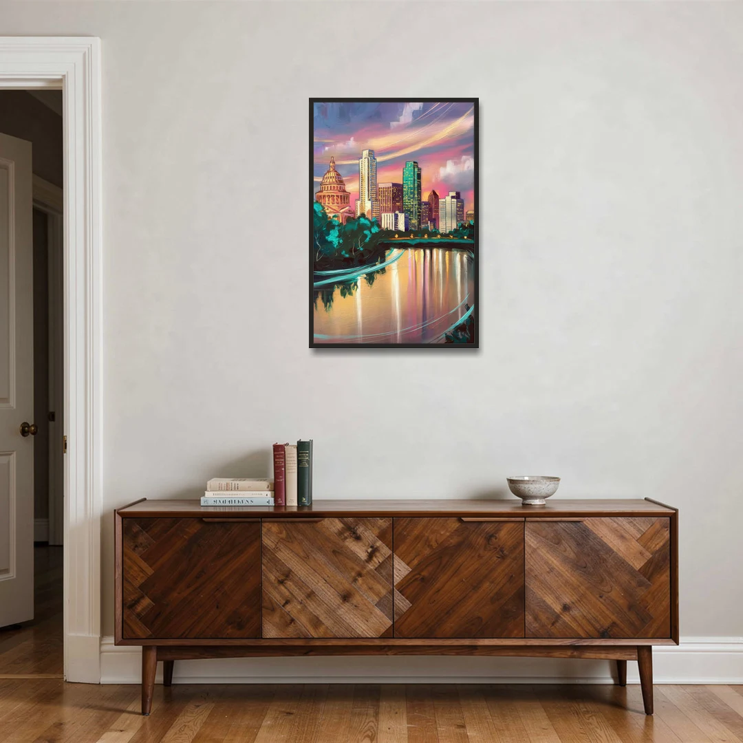 Austin Vibrant Skyline - Black Framed Canvas Wall Art - Coffee Table - 24x36
