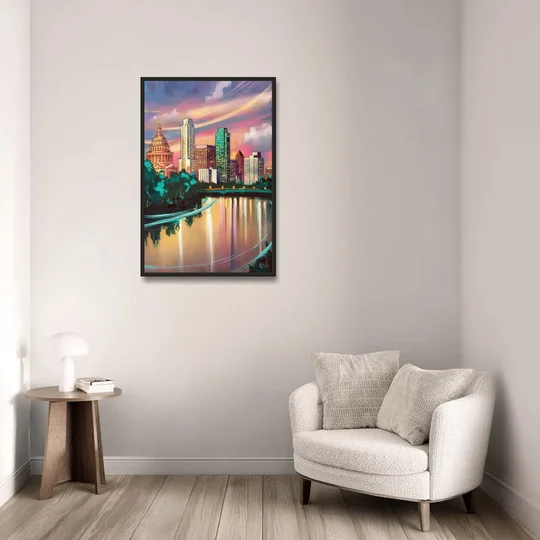 Austin Vibrant Skyline - Black Framed Canvas Wall Art - Sofa - 24x36