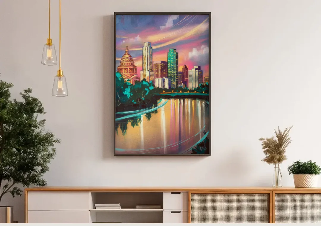 Austin Vibrant Skyline canvas wall art above a wooden sideboard under pendant lights