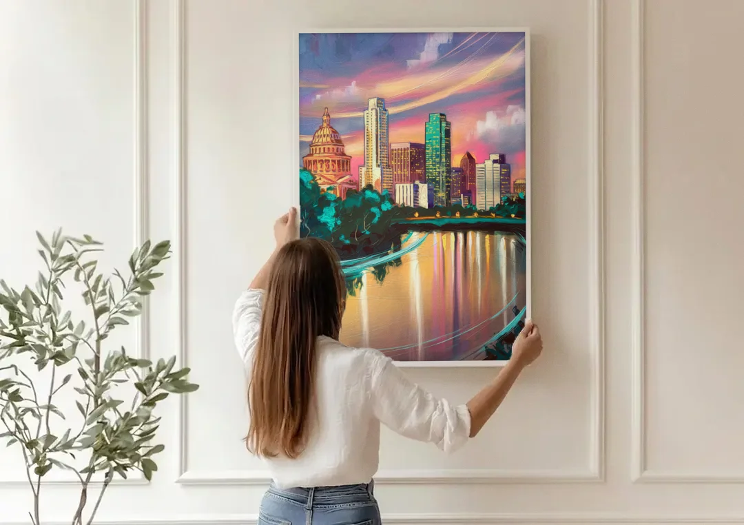 Austin Vibrant Skyline canvas wall art being hung on a paneled wall