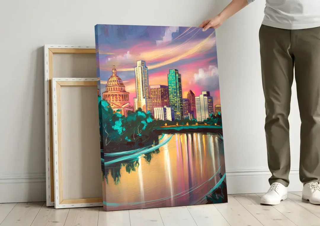 Austin Vibrant Skyline canvas wall art leaning against a wall next to blank canvases