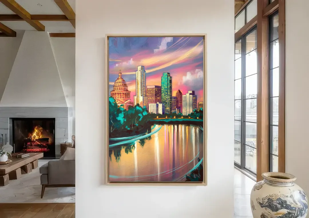 Austin Vibrant Skyline canvas wall art in a living room with a fireplace