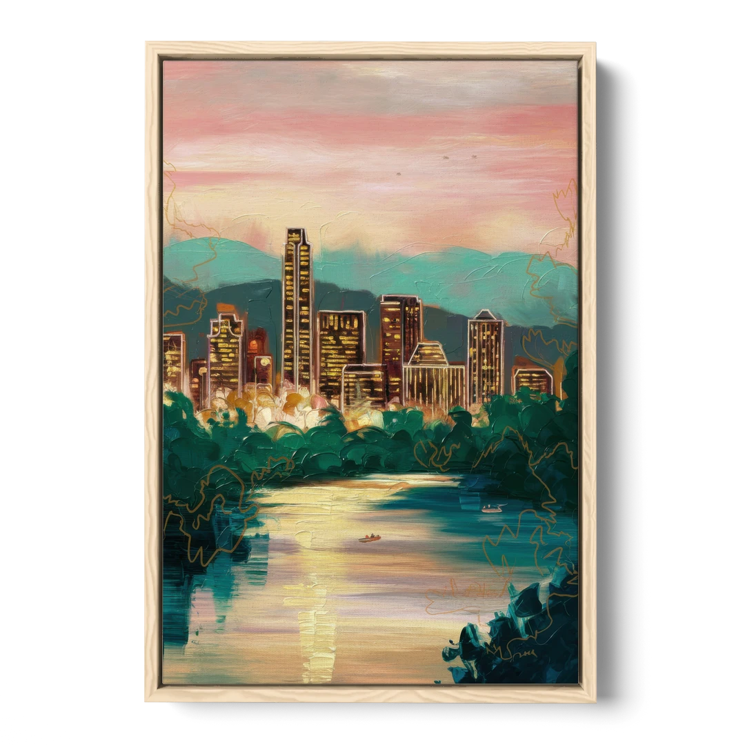Austin Westlake Hills View - Oak Framed Canvas Wall Art - Front