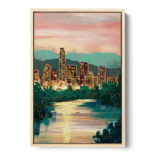 Austin Westlake Hills View - Oak Framed Canvas Wall Art - Front