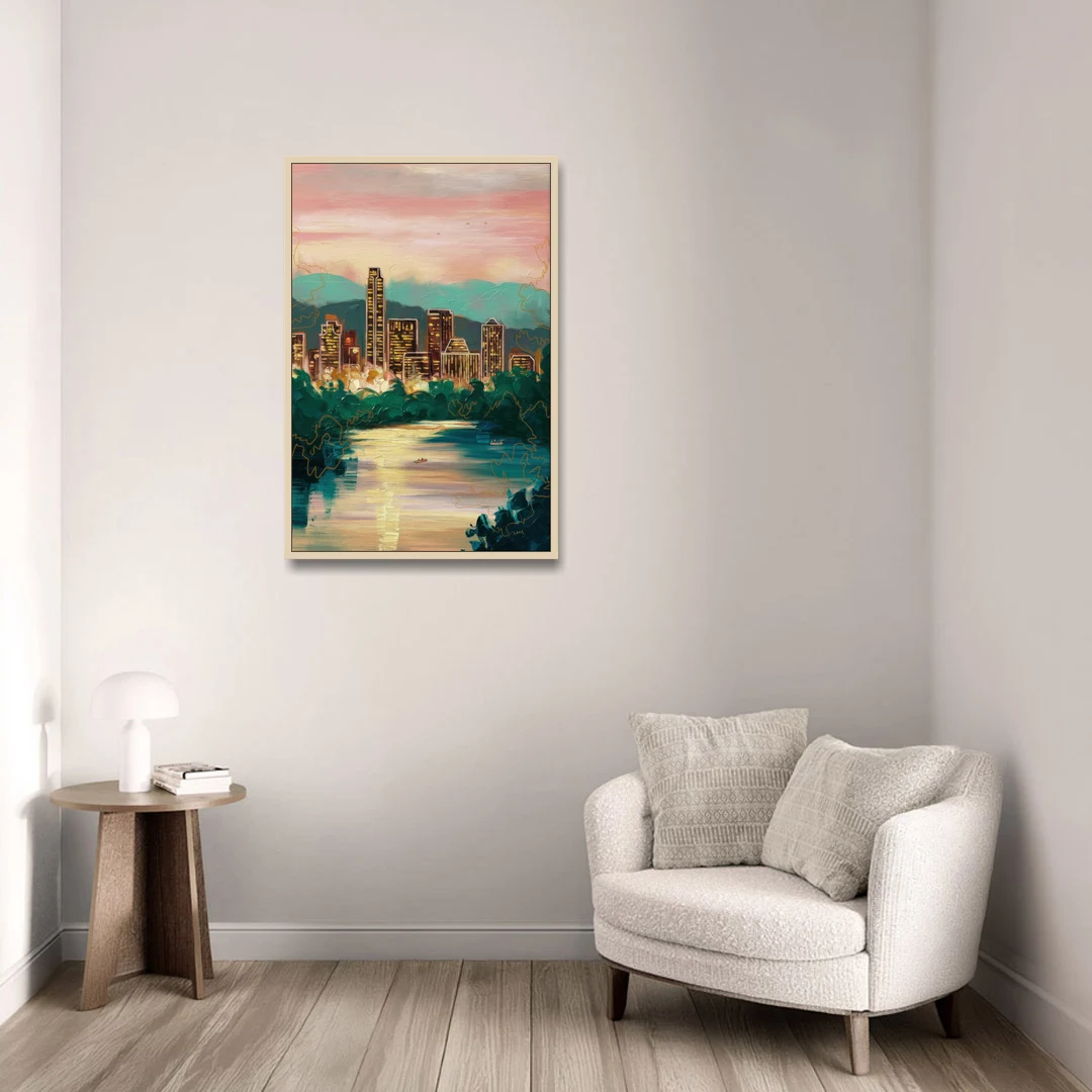 Austin Westlake Hills View - Oak Framed Canvas Wall Art - Sofa - 24x36