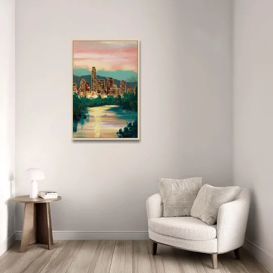 Austin Westlake Hills View - Oak Framed Canvas Wall Art - Sofa - 24x36