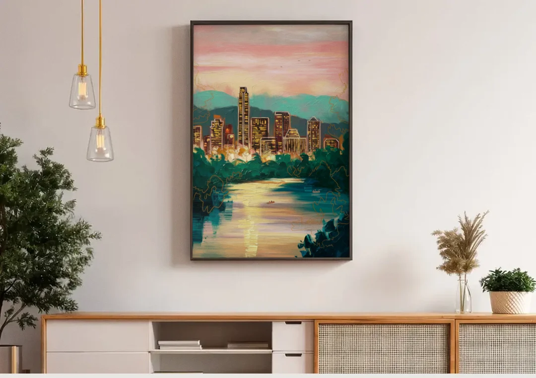 Austin Westlake Hills View canvas wall art above a wooden sideboard under pendant lights