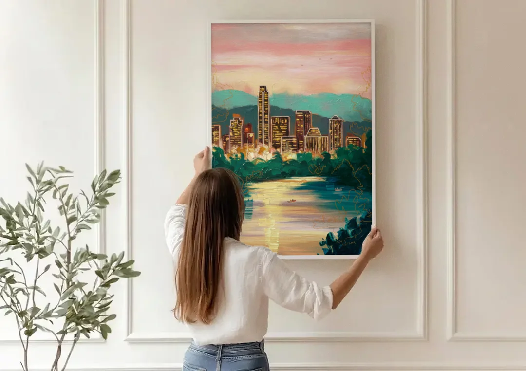 Austin Westlake Hills View canvas wall art being hung on a paneled wall