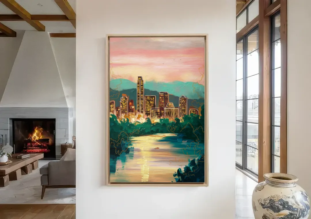 Austin Westlake Hills View canvas wall art in a living room with a fireplace