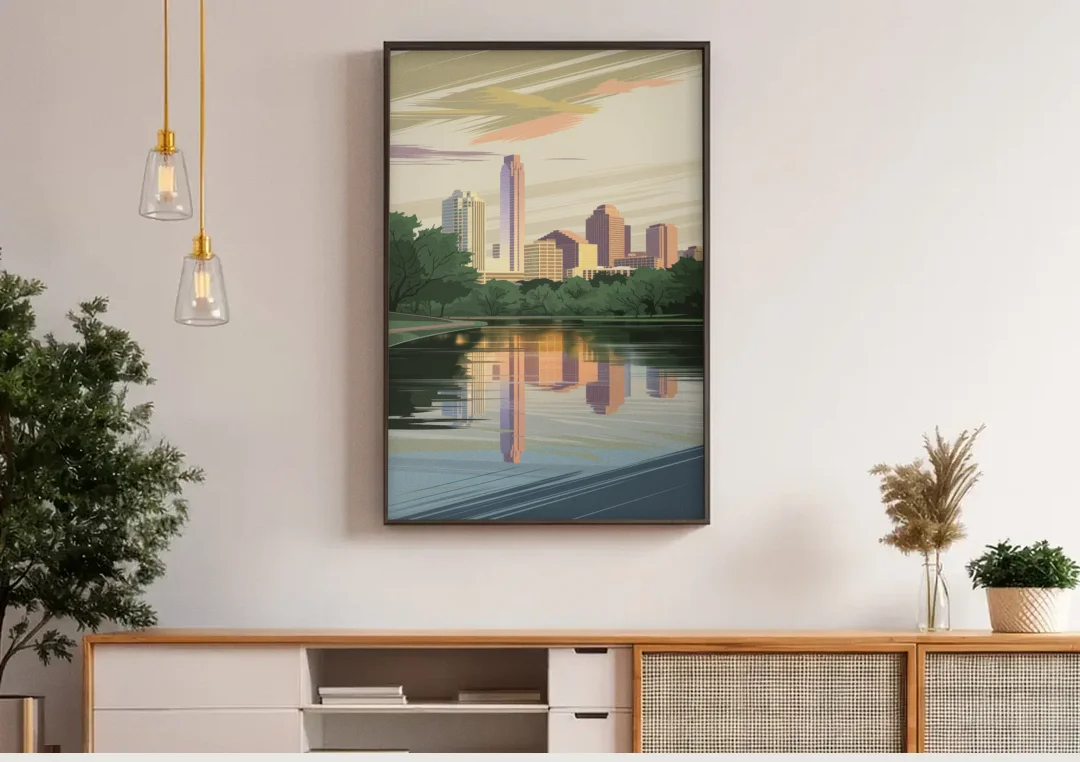 Austin Zilker Park Views canvas wall art above a wooden sideboard under pendant lights