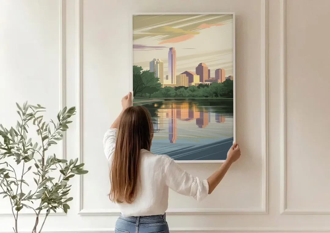 Austin Zilker Park Views canvas wall art being hung on a paneled wall