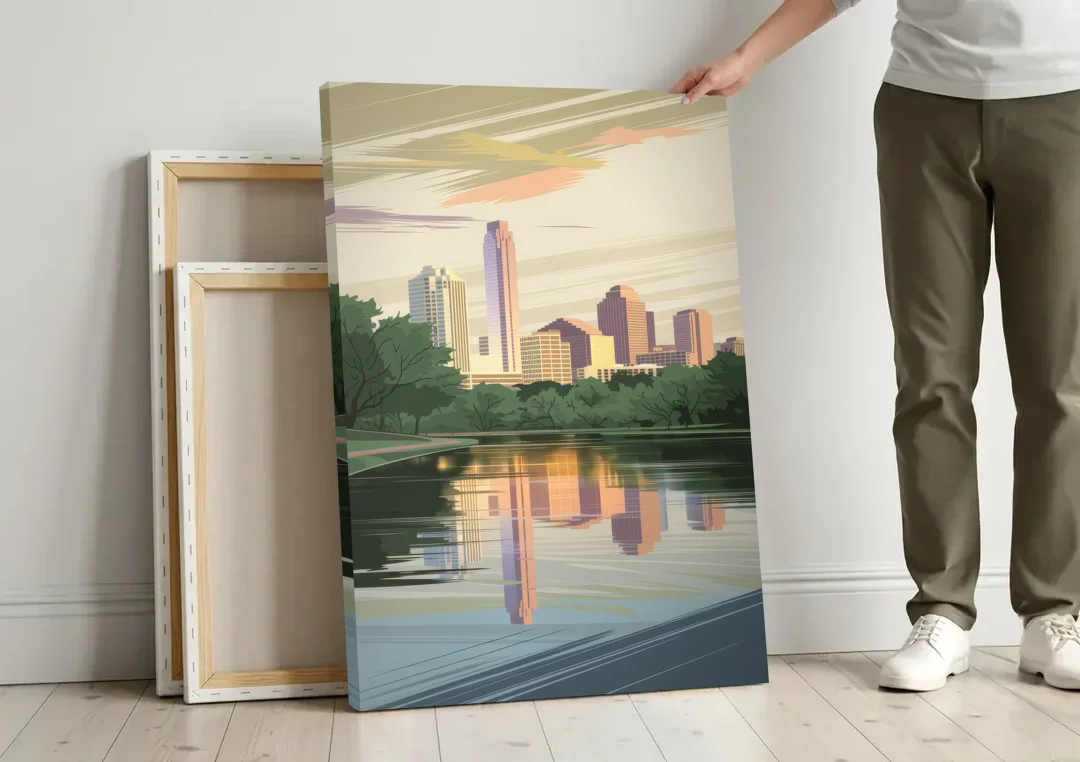 Austin Zilker Park Views canvas wall art leaning against a wall next to blank canvases
