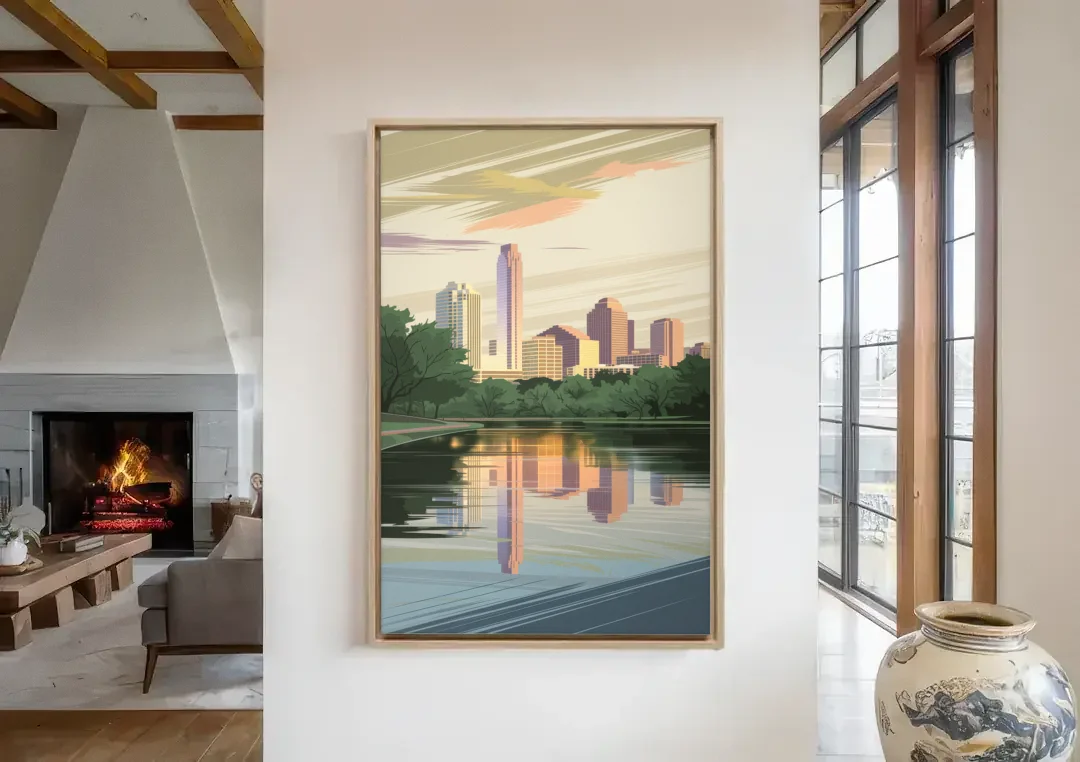 Austin Zilker Park Views canvas wall art in a living room with a fireplace