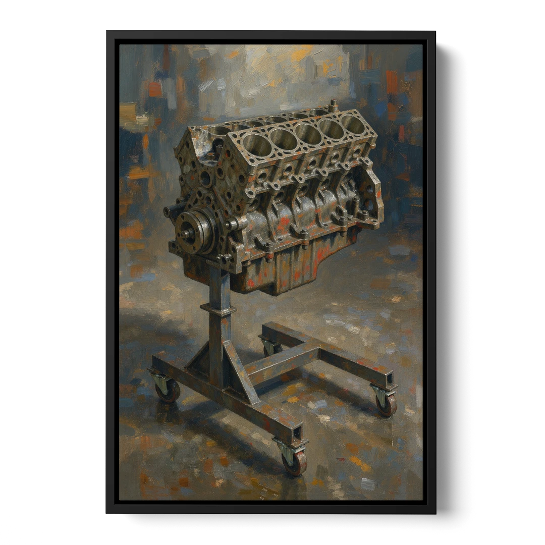 Auto Repair Shop Decor Engine Block on a Stand - Black Framed Canvas Wall Art - Front