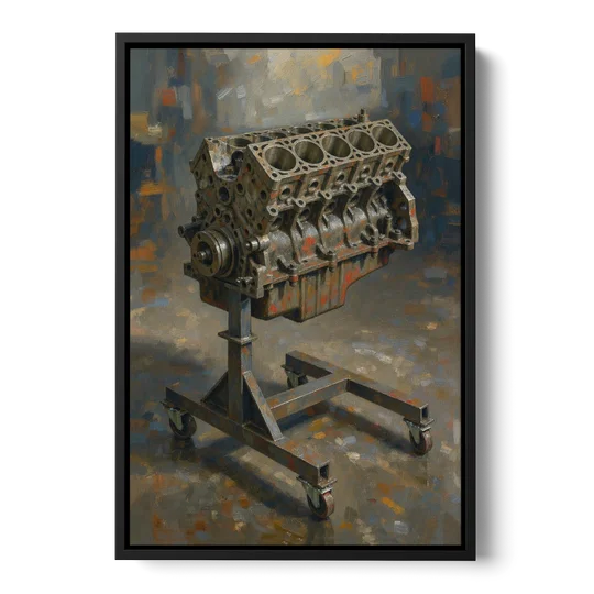 Auto Repair Shop Decor Engine Block on a Stand - Black Framed Canvas Wall Art - Front