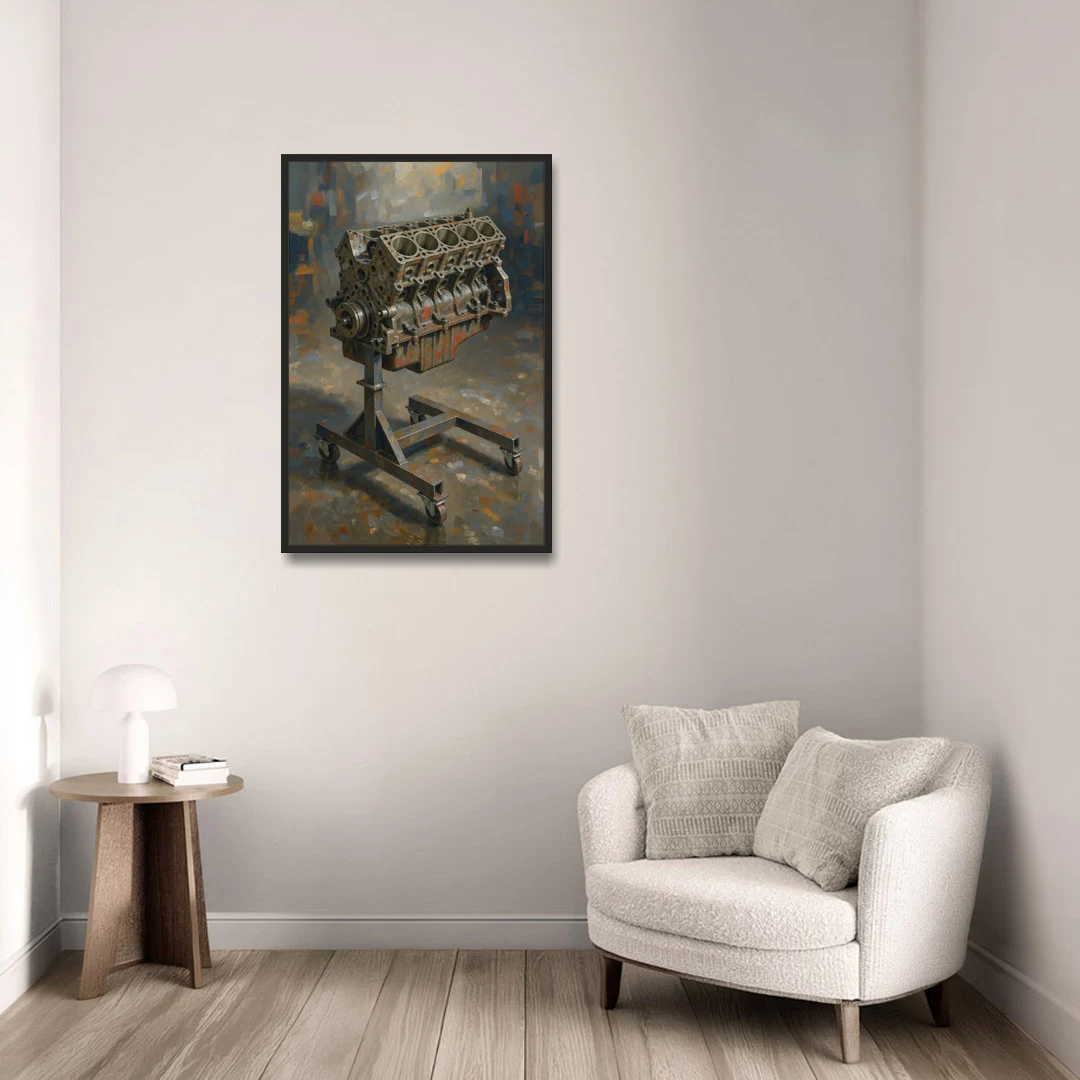 Auto Repair Shop Decor Engine Block on a Stand - Black Framed Canvas Wall Art - Sofa - 24x36