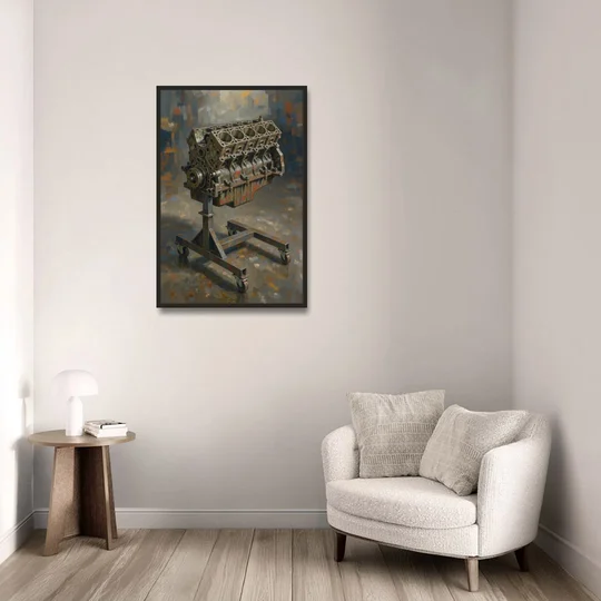 Auto Repair Shop Decor Engine Block on a Stand - Black Framed Canvas Wall Art - Sofa - 24x36
