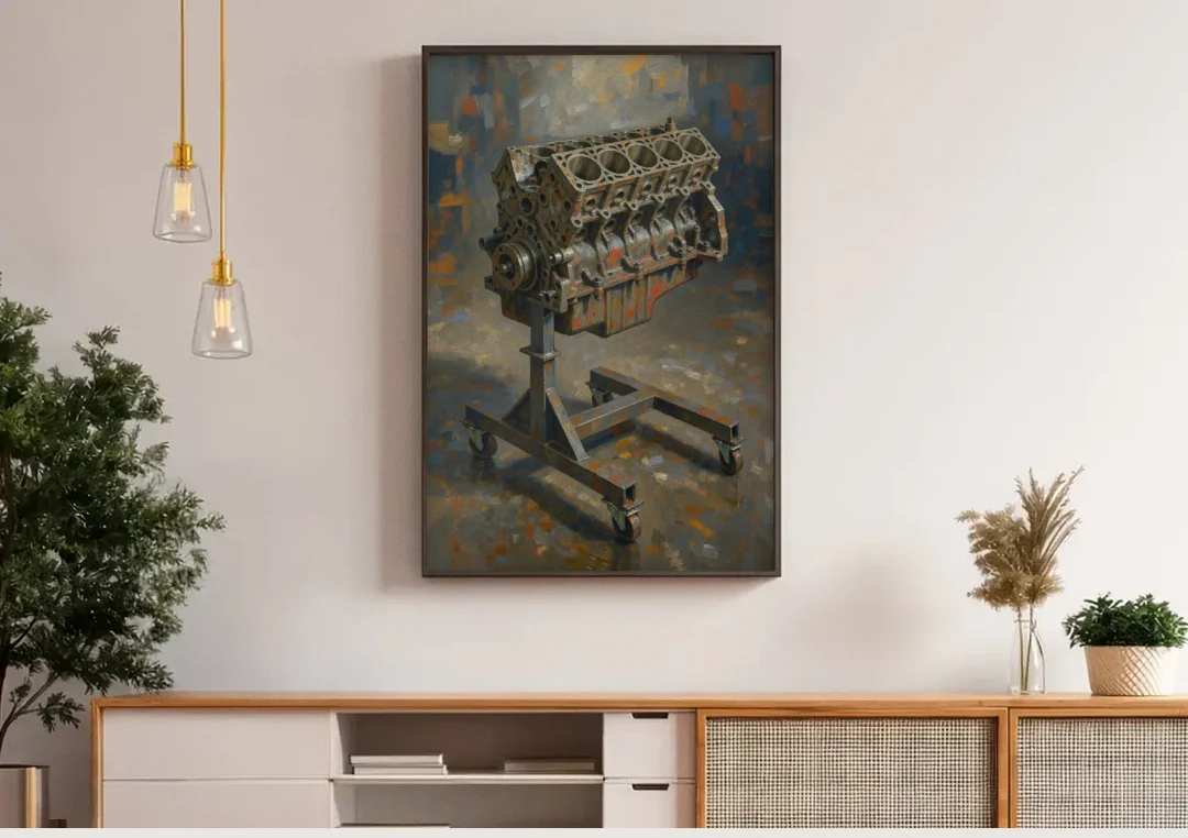 Auto Repair Shop Decor Engine Block on a Stand canvas wall art above a wooden sideboard under pendant lights