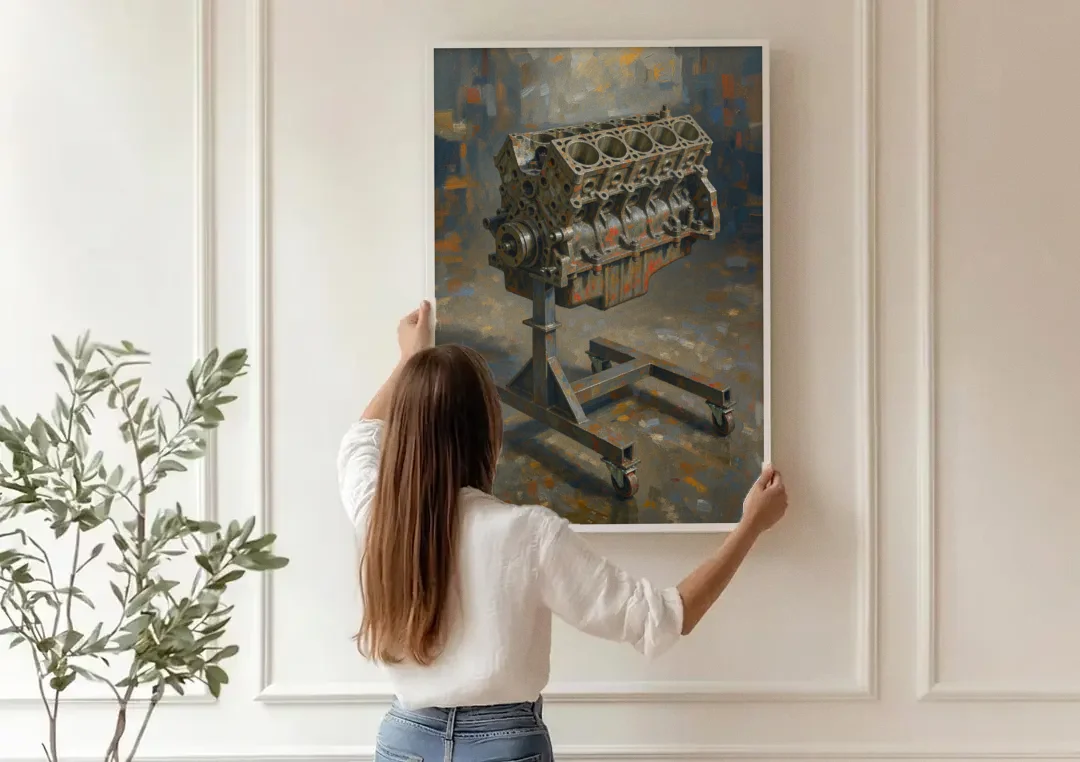 Auto Repair Shop Decor Engine Block on a Stand canvas wall art being hung on a paneled wall