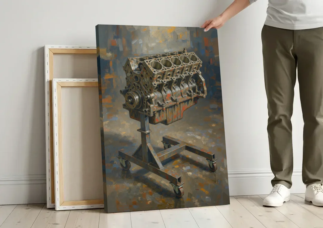 Auto Repair Shop Decor Engine Block on a Stand canvas wall art leaning against a wall next to blank canvases