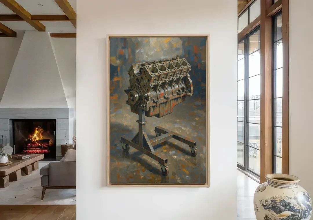Auto Repair Shop Decor Engine Block on a Stand canvas wall art in a living room with a fireplace