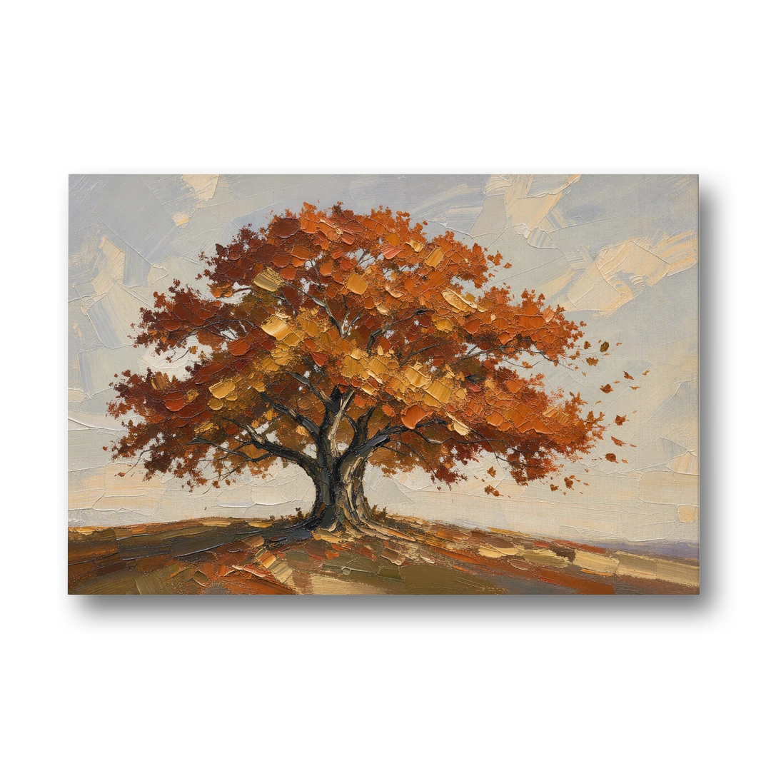 Autumn Tree Painting with Windblown Oak Leaves - Canvas Wall Art - Front