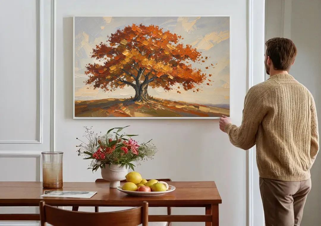 Autumn Tree Painting with Windblown Oak Leaves canvas wall art above a dining table