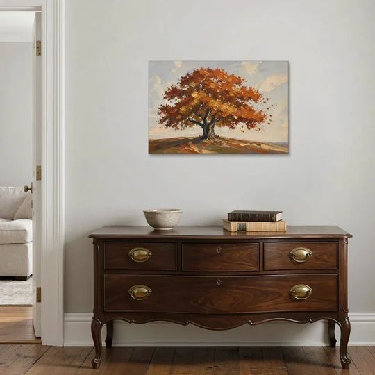 Autumn Tree Painting with Windblown Oak Leaves - Canvas Wall Art - Coffee Table - 36x24
