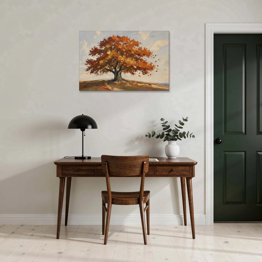 Autumn Tree Painting with Windblown Oak Leaves - Canvas Wall Art - Office - 36x24