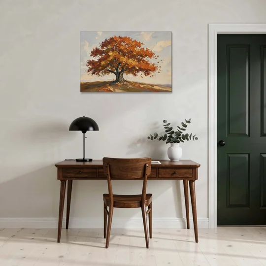 Autumn Tree Painting with Windblown Oak Leaves - Canvas Wall Art - Office - 36x24